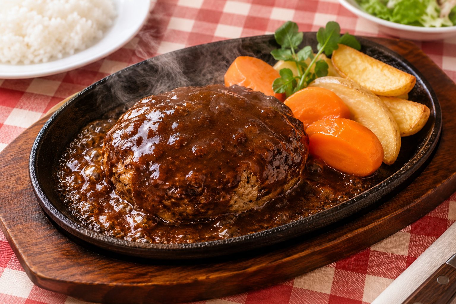 鉄板にのったデミグラスハンバーグ